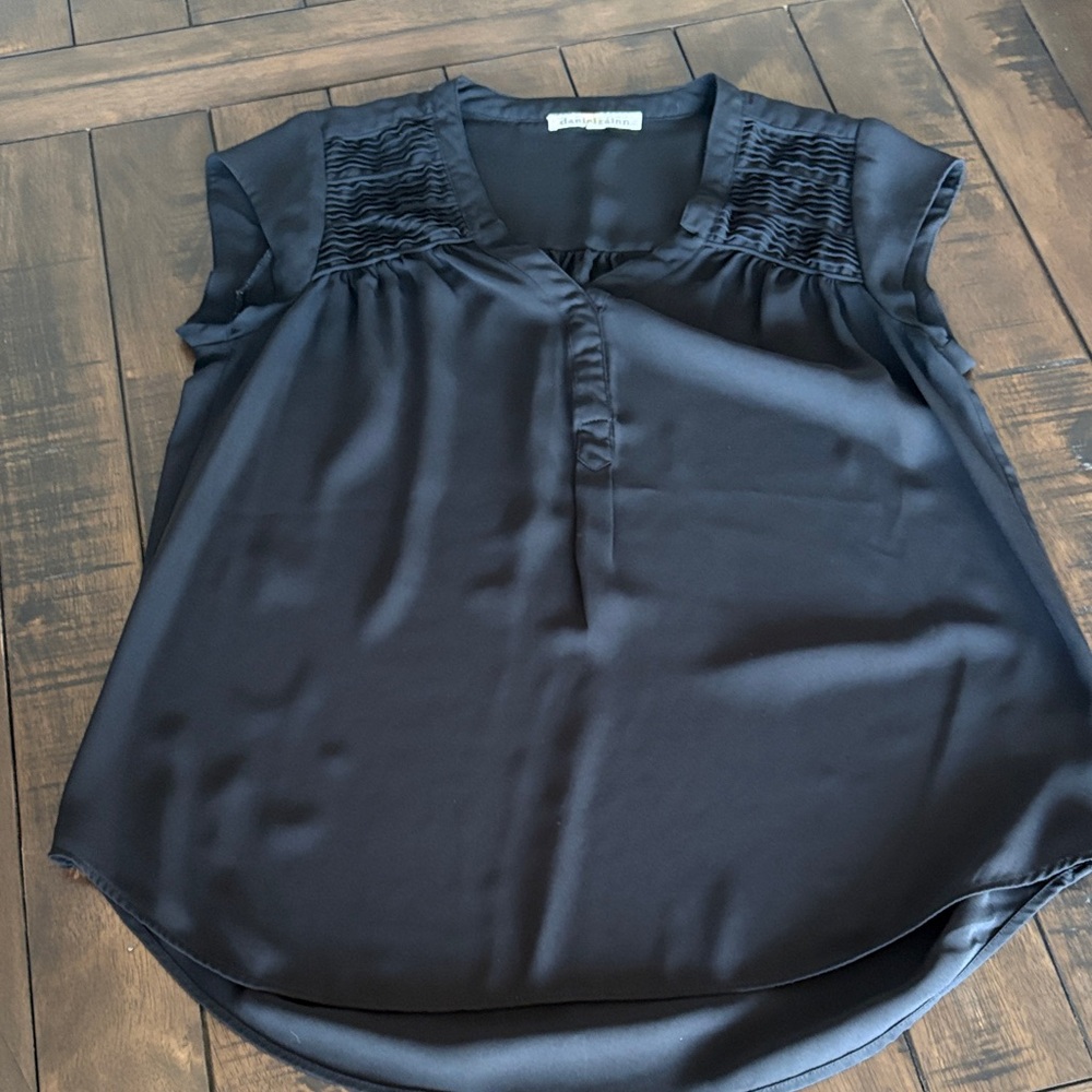 Daniel Rainn Black Satin Blouse with Pleated Shoulders
